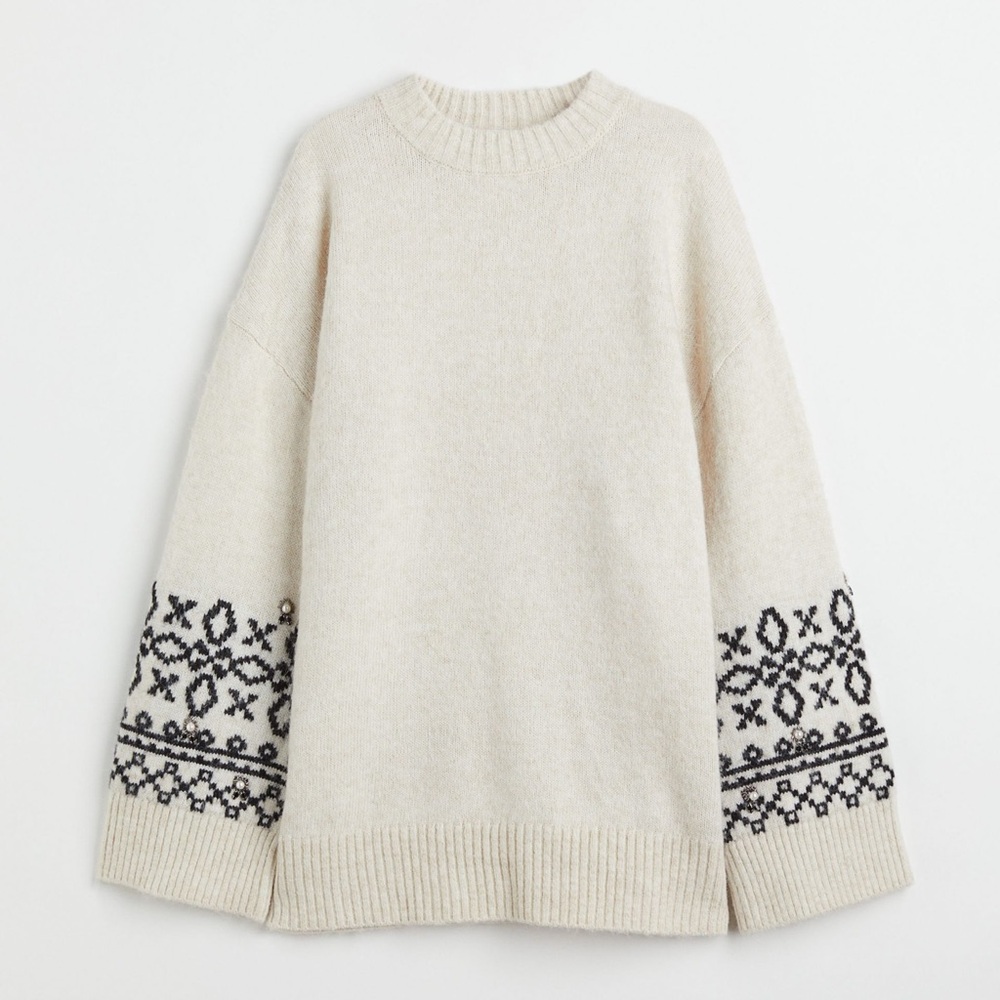 H&M Appliqued / Embellished Beige Knit Wool Sweater